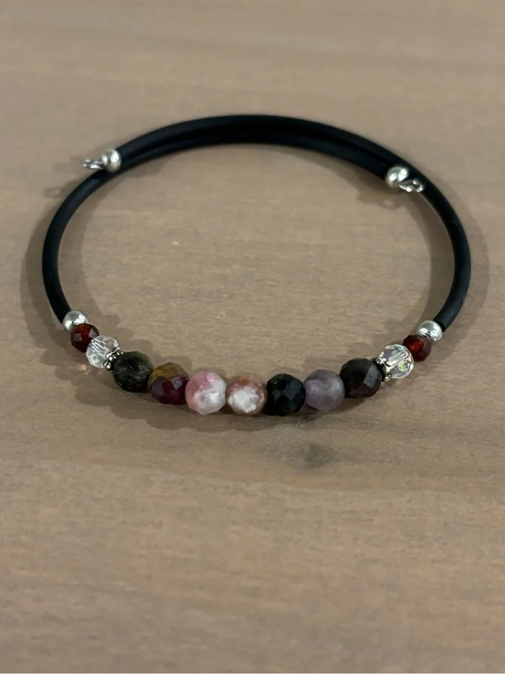 Unisex  Black Double-Wrap Rubber Bracelet with Silver Accents